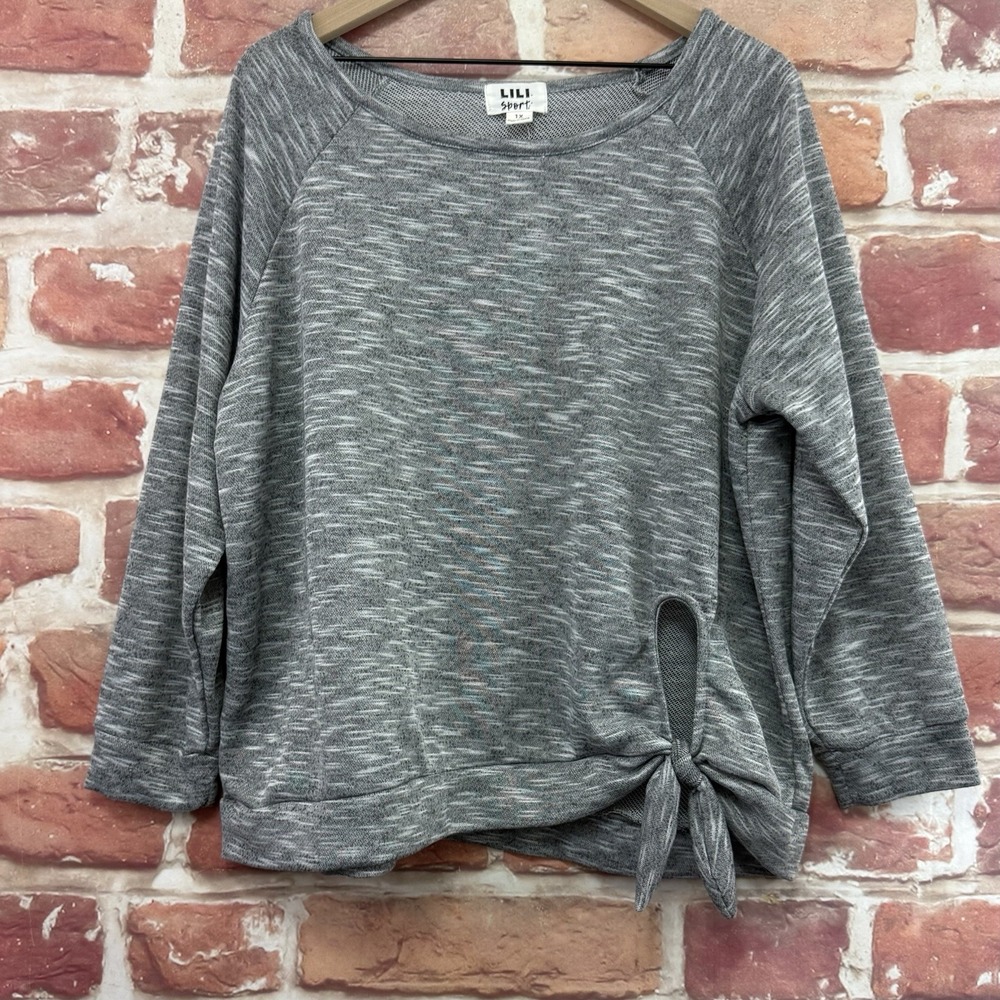 LILI Sport Sweatshirt Top Women's 1X Gray Heathered Casual Side Tie Casual Shirt